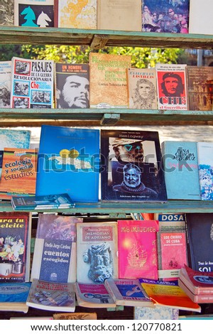 HAVANA - JANUARY 27: a selection of books on an outdoor stall in Havana, Cuba on January 27, 2009. The secondhand book market takes place in Plaza de Armas six days a week.