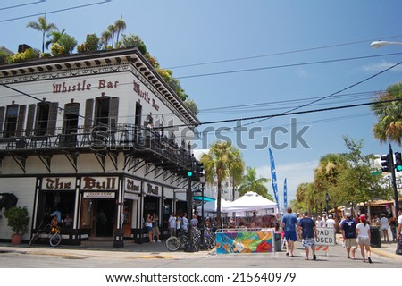 Key West, USA - August 13: the Bull and Whistle Bar in Key West, Florida with visitors during Lobsterfest on August 13, 2011. The Lobsterfest celebrations mark the opening of the lobster season.