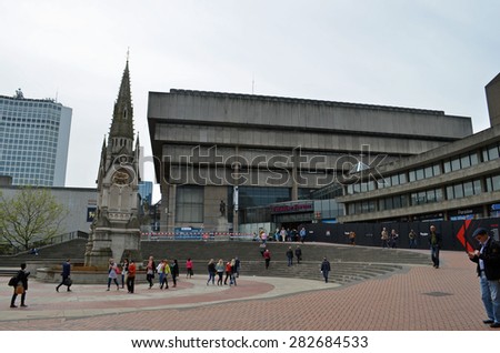Birmingham, UK - May, 15: view of Chamberlain Square & the old central library in Birmingham, UK on May 15, 2015. Built in the Brutalist style, the library will soon be demolished.