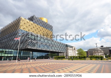 Birmingham, UK - June 9: view of the central library and Centenary Square in Birmingham, UK on June 9, 2015. The library is a significant new landmark in the city.