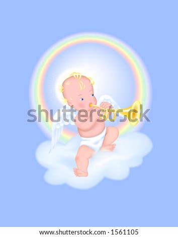 stock photo Baby Angel with horn on the cloud Digital illustration