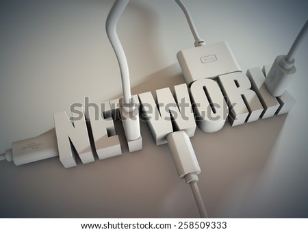3d Title connected with computer cables and wires. Concept of networking via connect cables.