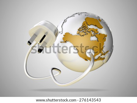 Electricity plug and cable connects to north America on world globe. Concept for how earth relies on electricity and power.