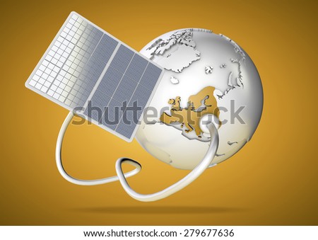 Solar panel supplies power from the sun to Europe. Concept for green power sources and energy supply to the world.