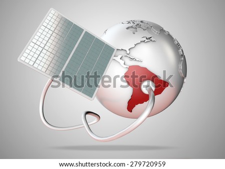 Solar panel supplies power from the sun to South America. Concept for green power sources and energy supply to the world.