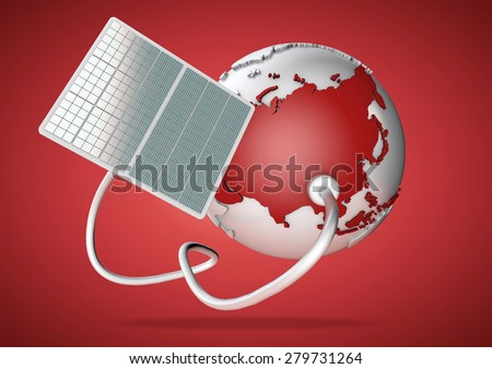 Solar panel supplies power from the sun to Asia. Concept for green power sources and energy supply to the world.