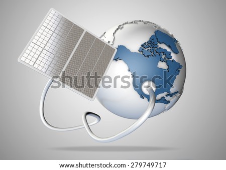 Solar panel supplies power from the sun to North America. Concept for green power sources and energy supply to the world.