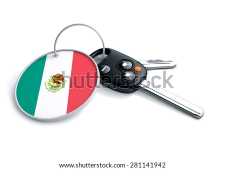 Set of car keys with keyring and Mexico country flag. Concept for car prices, buyer or selling a vehicle in the Mexico.