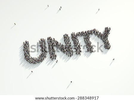 Aerial shot of a crowd of people forming the word \'Unity\'. Concept for people uniting for a single cause, whether it\'s for political or social reasons.