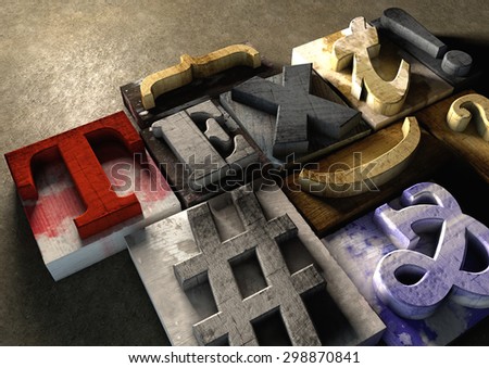 Wooden printing blocks form word 'Text'. Graphic look at type and typography by using the old wooden printing press blocks.