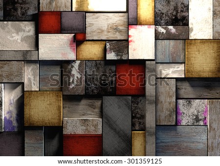 Colorful, grunge textured wooden printing blocks packed together to form a background texture. Shot from straight above. Red, blue and natural wood colors make wooden bricks or block wall.
