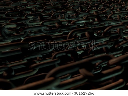 Bunch of chains in moody lighting create grunge texture and background. Rusty metal chains.