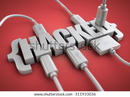 3D title of the word hacked has usb and data cables plugged into it extracting information. Concept for internet and phone hacking, hacking information and websites.
