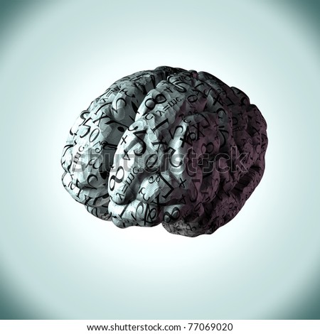Illustration of a human brain made from crumpled paper with numbers and equations on it. Concept of how a persons mind calculates and handles mathematical sums and problems.
