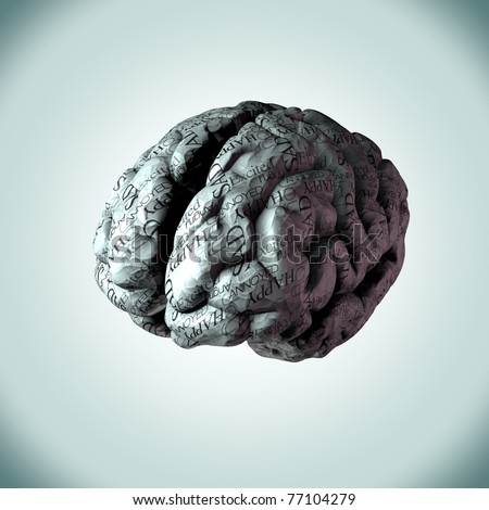 Illustration of human brain made from crumpled paper with emotional text wrapped around it. Concept for how people process their thoughts, feelings and emotions with one and other.