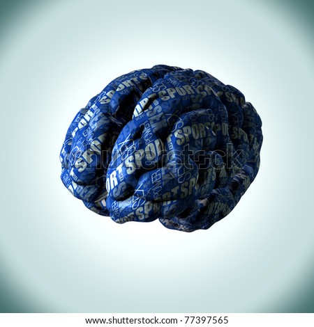 Mans brain wrapped with words representing his daily thought processes,  emotions, desires and beliefs.
