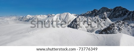 Horizontal panorama of  winter Pyrenees mountains, Andorra
