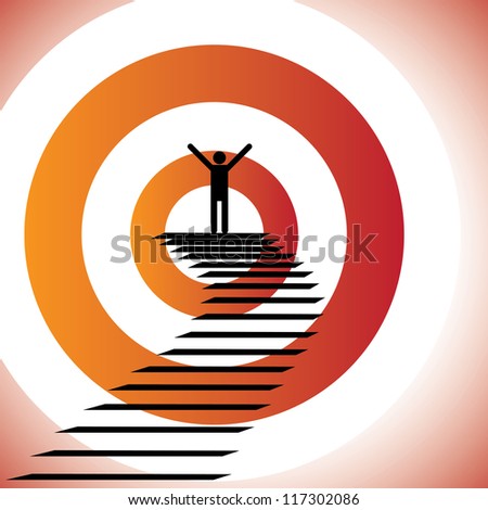 Conceptual illustration of a person reaching goal and winning a challenge/battle. The graphic shows a determined & confident person achieving success by reaching the target and celebrating victory