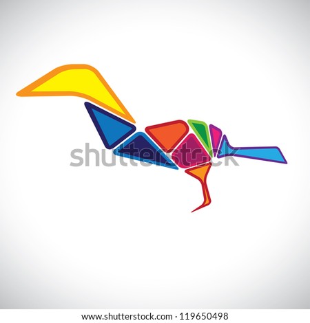 Abstract illustration of a colorful bird in 3d. The graphic contains bird assembled by joining different body parts(blocks) colored with different bright colors