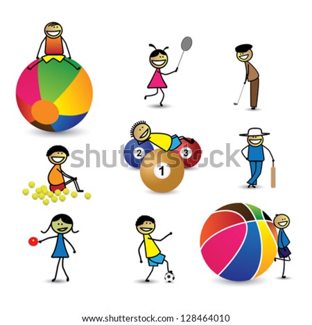 Kids(children) or people playing different sports & games. The girls and boys are playing cricket, basketball, tennis, table tennis, golf, shuttle badminton, football(soccer) and snooker(billiards)