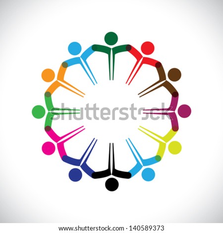 Concept vector graphic- people or kids icons with hands together. This illustration can also represent people meeting, teamwork, network, employee unity & diversity, children playing, etc