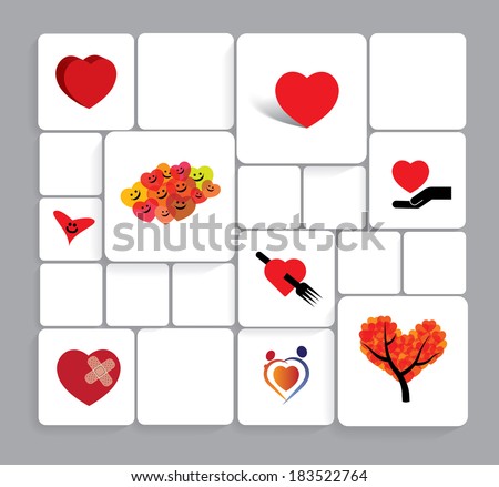 colorful heart or love vector icons collection set. This graphic can also represent romance, happiness, smile, joy, positive emotions, valentine\'s day celebrations, expressing love & commitment