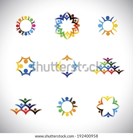 colorful people, children, employees icons collection set - vector graphic. This illustration also represents love, unity, solidarity, alliance, union, teamwork, organization, together, group