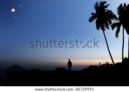 Early morning sky with moon and stars and a person looking at the landscape below