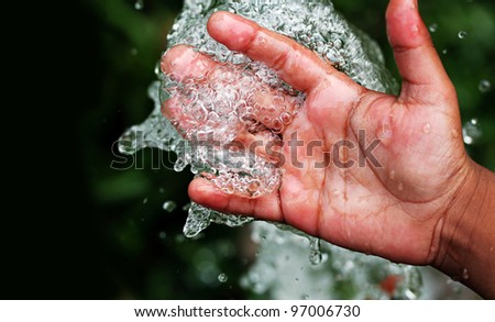 Fresh clean and pure bubbling water splashing on hand