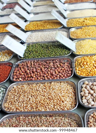 Pulses, grains and cereals  in an indian market at bangalore, karnataka