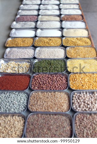 Indian pulses and cereals in an indian bazaar at bangalore, karnataka