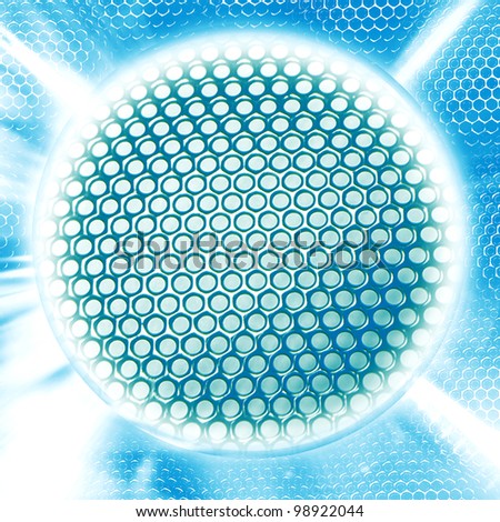 The metal grid on the circle of abstract blue background