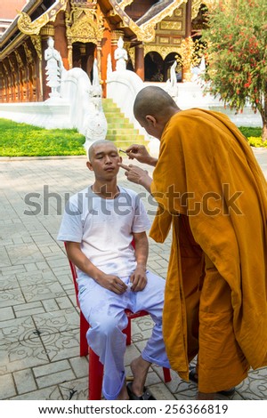 Chiangmai, Thailand February 8 : series of the ordination ceremony that change the young men to be the new monks at Wat Ram Poeng, Chiangmai, Thailand on February 8, 2015