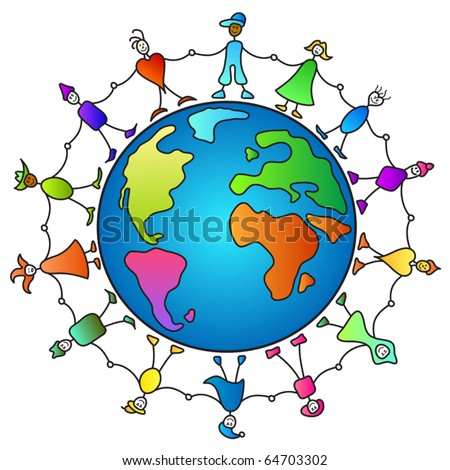 stock vector : people holding hands around the world, symbolic illustration 