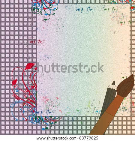 Sheet of paper, the topic of school and drawing./ Sheet of paper on a plaid background color in a spray with a pencil and brush.