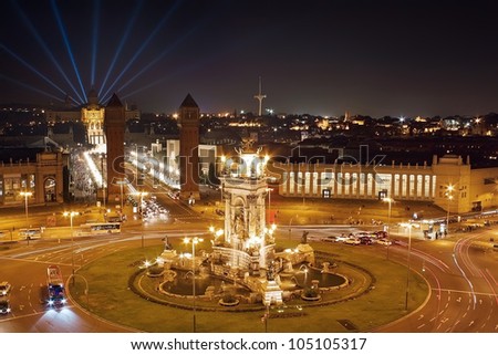 Plaza Espana in Barcelona night, aerial view