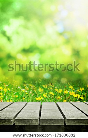 Wooden table near spring meadow
