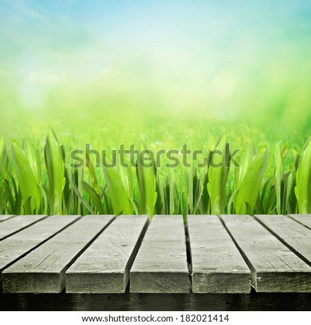 Wooden table on spring meadow