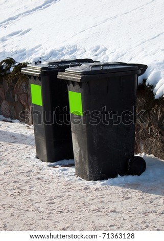 Two plastic trash containers in the winter street
