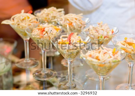 martini glasses filled with asian chicken salad