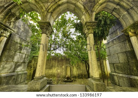 Ancient gothic arches in Evora, Portugal.