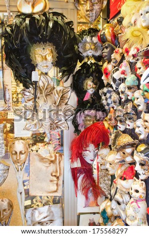 VENICE-AUGUST 26: Venetian masks on AUGUST 13, 2013. Typical venetian souvenir  mask shop in Venice, Italy.