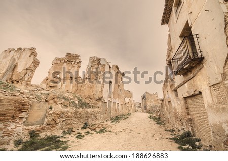 Vintage style picture of the ruined town of Belchite. Was destroyed during the Spanish civil war, in Saragossa, Spain.