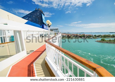 VENICE, ITALY - AUGUST 26. Scenic view of the main deck of a cruise ship from Norwegian cruise line arriving to the port of Venice, Italy.