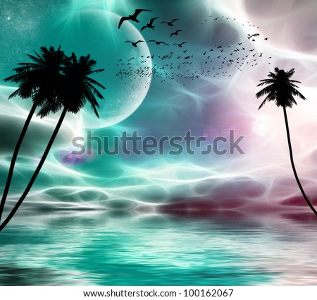 Flying birds in the background of the planet, stars, palm trees at sunset