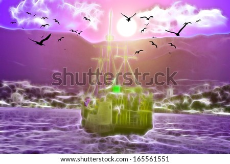 A yacht on the sea in the background of birds and sunset