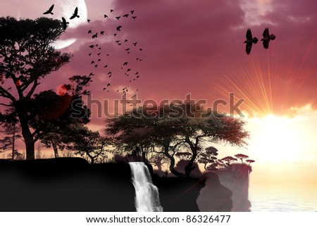 Lake in the background of trees and birds on a sunny clear day