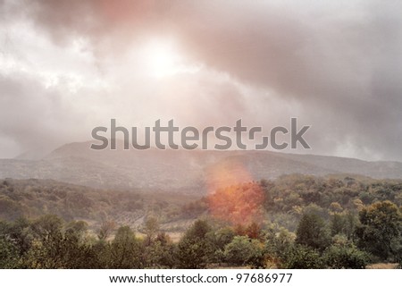 Crimean nature, trees, mist, mountains