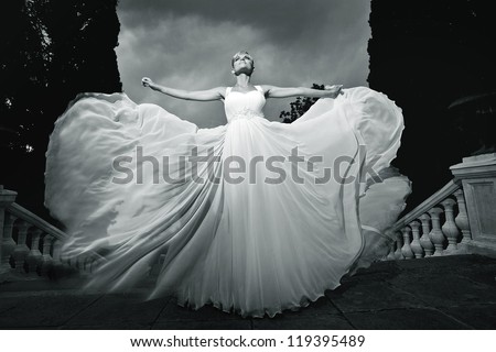 beautiful woman in a white dress, wedding theme, freedom