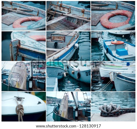 fishing boats collage. sea ??fishing theme